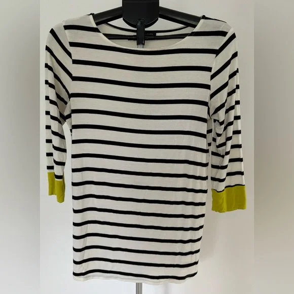 Colette | Black & White Stripe 3/4 Sleeve Tee w/ Green Cuff | Size M - Picture 2 of 4